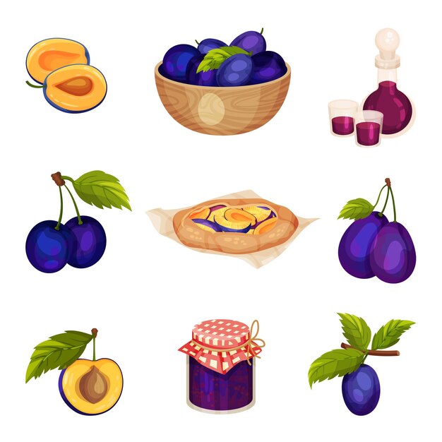 Set vectorial de alimentos de ciruelas con pastel dulce y mermelada de frutas en frasco de vidrio