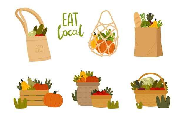 Set vectorial de alimentos y productos ecológicos locales en cestas y bolsas de compras