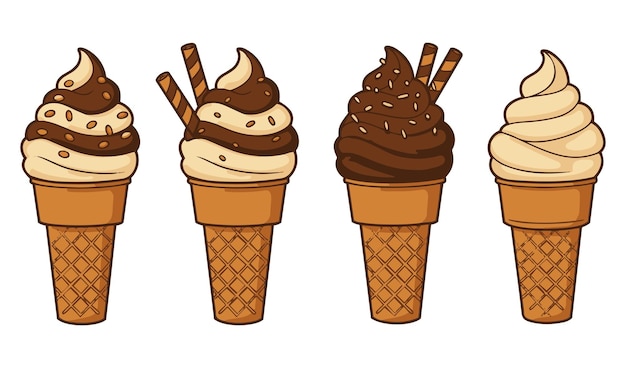 Set vectorial de cono de helado lindo postre dulce Kawaii chocolate salpicaduras de cereza verano vector sabroso