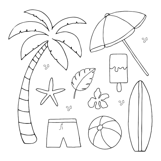 Set vectorial de dibujo a mano de verano, fiesta en la playa, viajes por mar, vacaciones, ilustraciones bonitas.