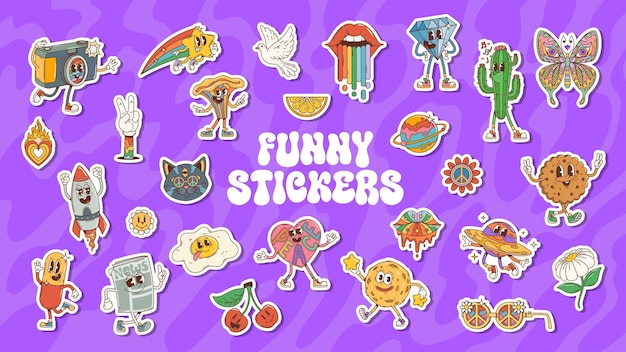 Set vectorial de dibujos animados con pegatinas retrógradas y divertidas