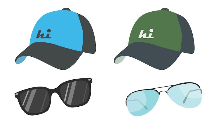 Vector set vectorial de gorra de béisbol y gafas de sol sombrero y gañas de sol elemento de verano plano de dibujos animados