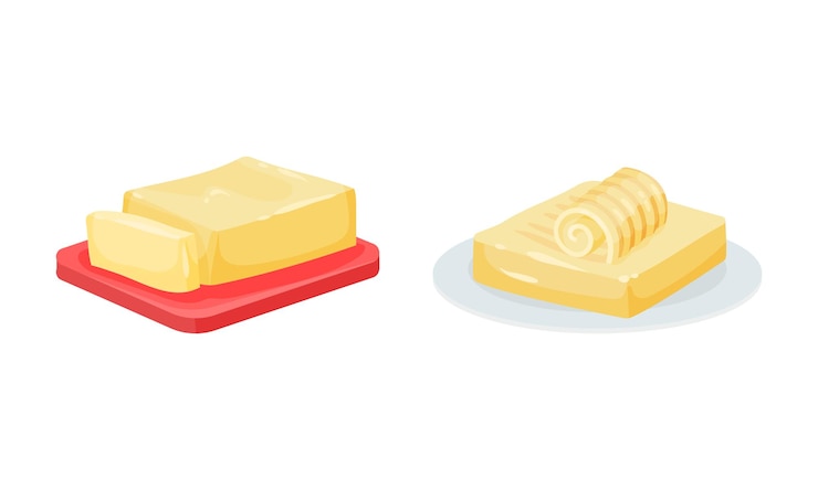 Vector set vectorial de mantequilla como producto lácteo reposado en plato y tablero