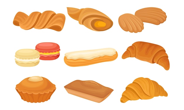 Set vectorial de panes y rollos horneados con harina de panadería o pastelería