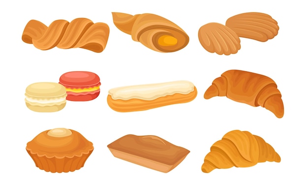 Vector set vectorial de panes y rollos horneados con harina de panadería o pastelería