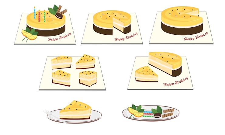 Vector set vectorial de pastel de cumpleaños media y rebanada de pastel vectorial sabor de fruta de la pasión postre de comida dulce