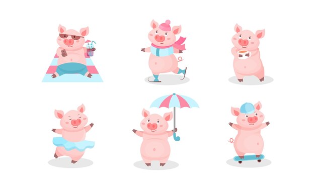 Set vectorial de personajes de dibujos animados Piggie acostado en la playa bebiendo cócteles bailando sosteniendo paraguas y patinaje