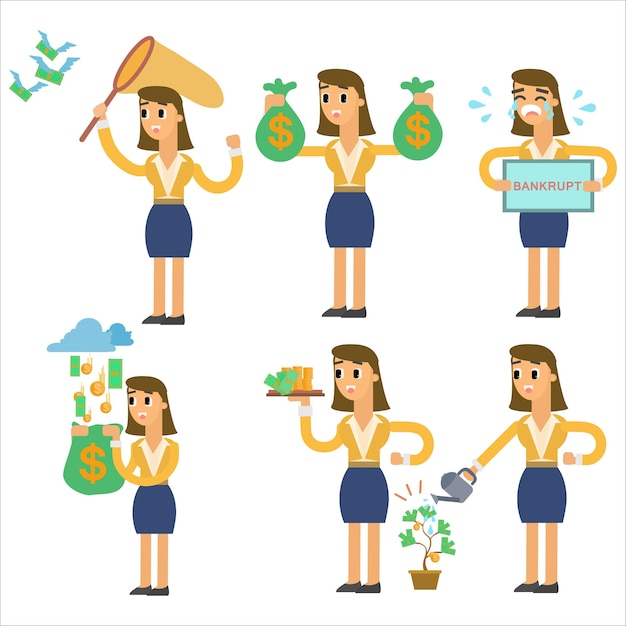 Set vectorial de personajes de mujeres de negocios Mujer de negocios con dinero regando lata de regado lata de monedas bolsa