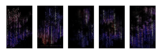 Set vertical panels display falling binary code set against a black background Each panel features colorful gradients of blue dark purple and hints of redorange creating abstract patterns