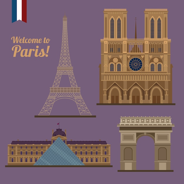 Set de viaje de Paris. Lugares famosos - Torre Eiffel, Louvre, Notre Dame, Arco del Triunfo