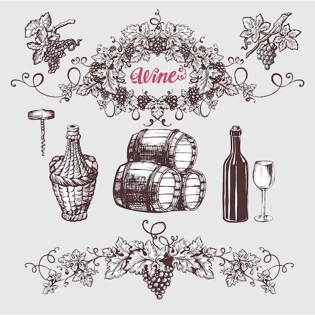 Vector set de vino y vinificación vintage.