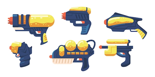 Set Water Blaster Kids Toy Guns de diferente diseño, Handguns y Rayguns Weapon. Pistolas de juego para niños, elementos de diseño gráfico de Ui de armas láser aisladas sobre fondo blanco. Ilustración vectorial de dibujos animados