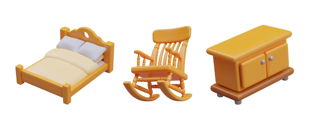Set with big bed with blanket and pillows realistic rocking chair and commode with two doors