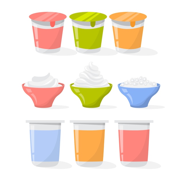 Vector set de yogur. colección de producto de crema en una taza.