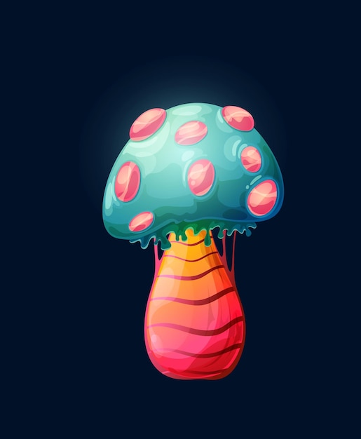 Seta mágica de fantasía con excrecencias Seta luminosa vector de dibujos animados organismo de cuento de hadas Elemento GUI Hongos mágicos y de hadas u organismo de flora o fauna extraterrestre con gorro azul puntos rojos