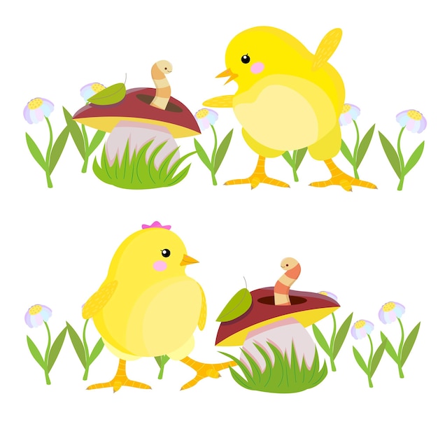 Seta de pollo y gusano Pájaro de Pascua de dibujos animados lindo Animal de granja Ilustración de vector para niños