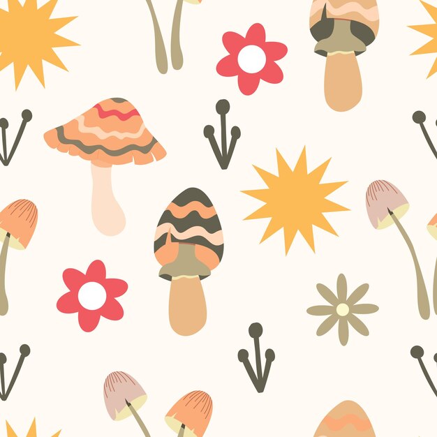 Setas alucinógenas mágicas de patrones sin fisuras Elementos lindos de fantasía Setas de dibujos animados lindos en la hierba Impresión de diseño moderno para tela papel tapiz decoración interior Estilo hippie Vector plano