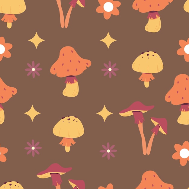 Setas alucinógenas mágicas de patrones sin fisuras Elementos lindos de fantasía Setas de dibujos animados lindos en la hierba Impresión de diseño moderno para tela papel tapiz decoración interior Estilo hippie Vector plano