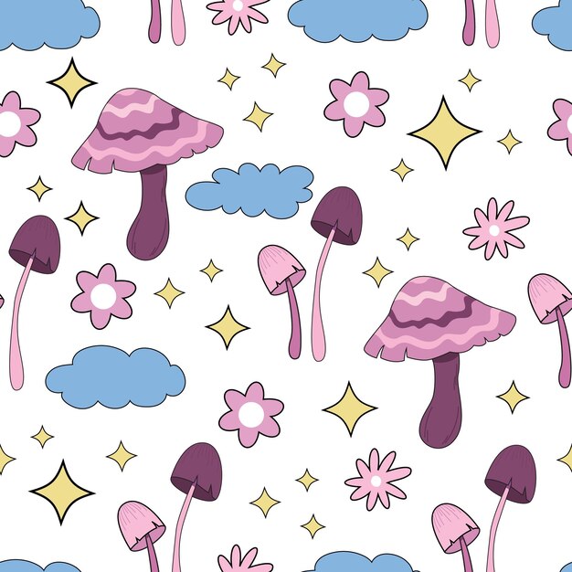 Setas alucinógenas mágicas de patrones sin fisuras Elementos lindos de fantasía Setas de dibujos animados lindos en la hierba Impresión de diseño moderno para tela papel tapiz decoración interior Estilo hippie Vector plano