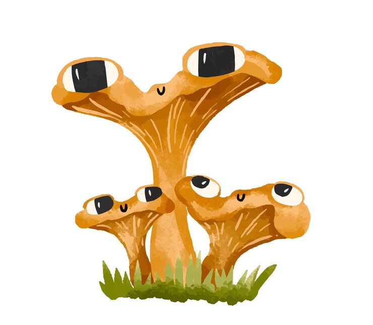 Vector setas colección de micelio de setas agaric de mosca chanterelles champignons setas y agarics de mosca setas de cuento de hadas ilustración de dibujos animados dibujada a mano en un fondo aislado