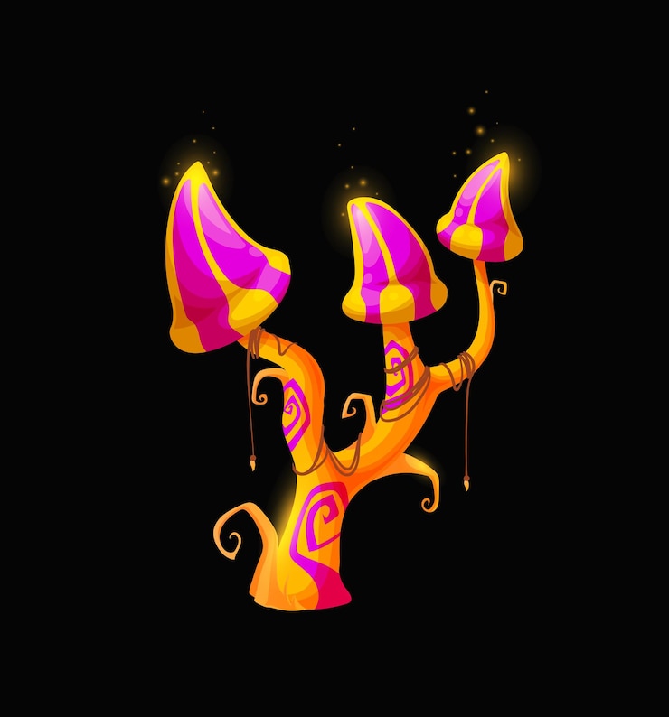 Vector setas de dibujos animados mágicos de hadas de fantasía, hongos inusuales vectoriales de colores rosados y amarillos con excrecencia rizada en estípites y gorras brillantes brillantes. elemento de cuento de hadas para la interfaz del juego ui, planta alienígena