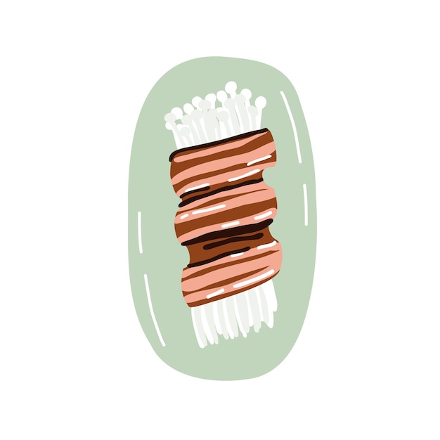 Setas Enoki en bocadillo de tocino comida tradicional ilustración vectorial dibujada a mano en estilo plano