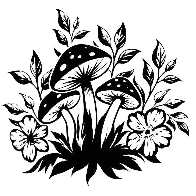 Setas con flores silvestres Ilustración en blanco y negro