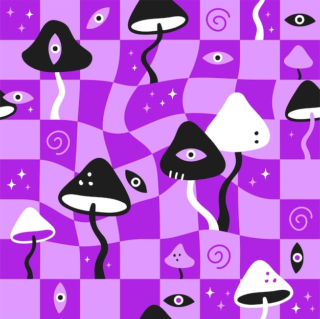 Setas mágicas y derretir las células de geometría de patrones sin fisuras. Ilustración de dibujos animados loco de vector. Setas mágicas, ojos psicodélicos, ácido, trippy, células, concepto de impresión de papel tapiz de patrones sin fisuras tecno