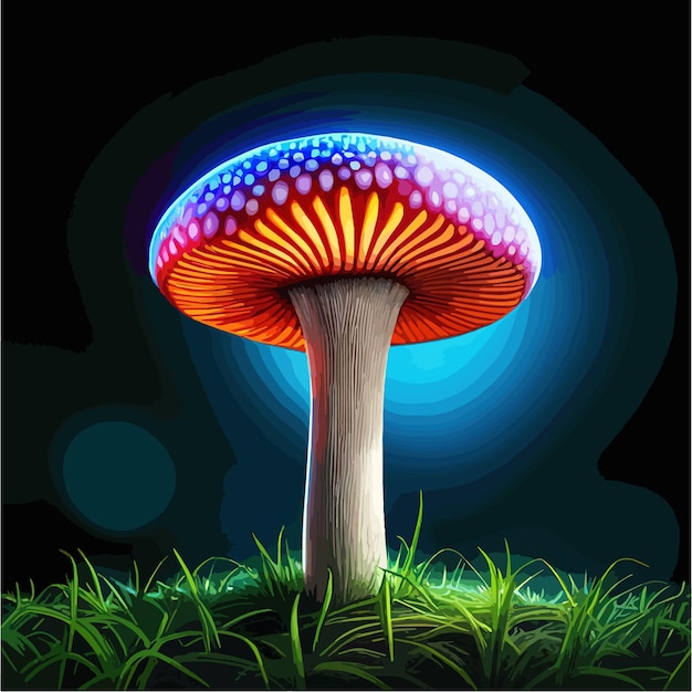 Vector setas de neón en un bosque oscuro por la noche plantas místicas de colores brillantes ilustración vectorial
