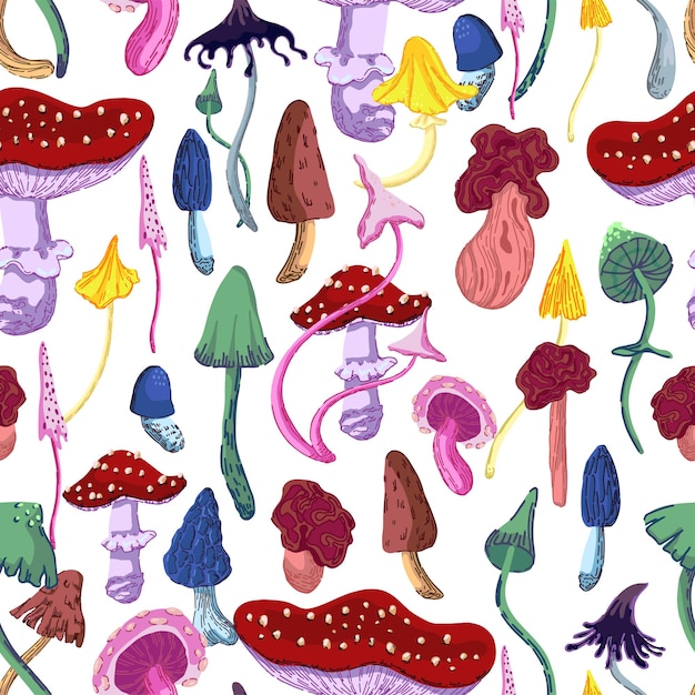 Setas de patrones sin fisuras adorno de hongos venenosos variados ilustración vectorial en estilo moderno diseño abstracto para papel tapiz decoración envoltura textil de fondo