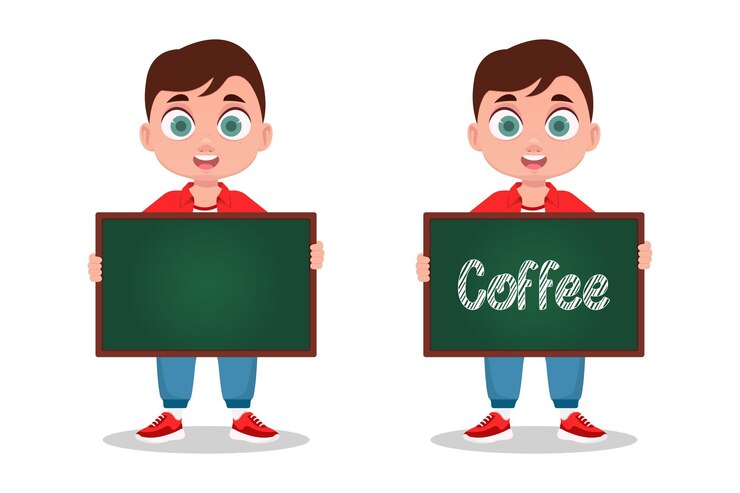Vector seth de niño, sosteniendo una tabla, la inscripción café, sin inscripción. ilustración vectorial