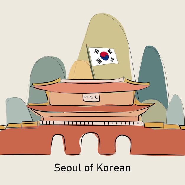 Seúl de arte de línea de fondo del vector de ilustración coreana