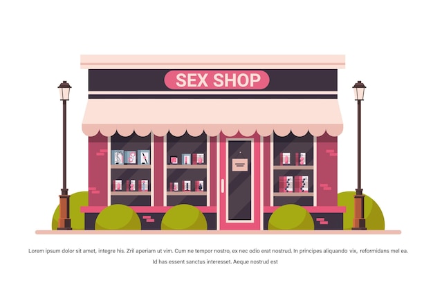 sex shop edificio rosa tienda de sexo exterior con juguetes sexuales para adultos y accesorios para juegos de rol eróticos ilustración vectorial horizontal