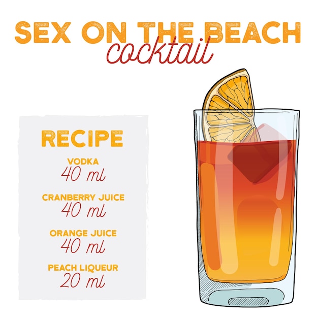 Vector sexo en la playa receta de ilustración de cóctel bebida con ingredientes