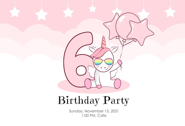 Sexto año de nacimiento. Invitación de cumpleaños para niña linda unicornio globos y nubes en rosa