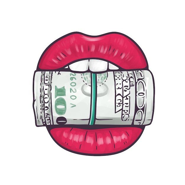 Sexy labios rojos mordiendo un rollo de dinero Vector ilustración de dibujos animados