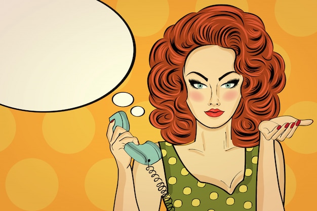 Sexy pop art mujer hablando por un teléfono retro