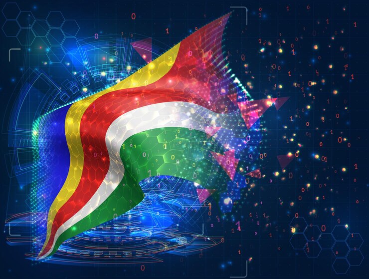 Vector seychelles bandera vectorial objeto 3d abstracto virtual de polígonos triangulares sobre un fondo azul