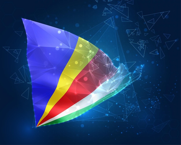 Seychelles bandera vectorial objeto 3D abstracto virtual de polígonos triangulares sobre un fondo azul