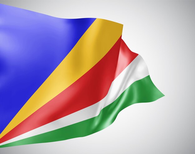 Seychelles, bandera vectorial con olas y curvas ondeando en el viento sobre un fondo blanco.