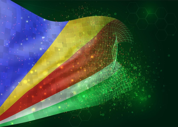 Seychelles, en vector bandera 3d sobre fondo verde con polígonos y números de datos