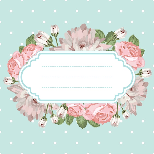 Vector shabby chic crisantemos y rosas sobre fondo verde claro lunares