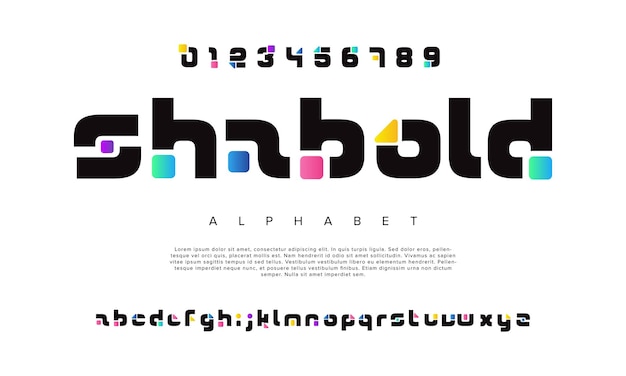 Shabold fuente creativa moderna geométrica alfabeto urbano juego futurista abstracto digital techno robot música logotipo deporte tecnología minimal tipografía ilustración vectorial numérica simple