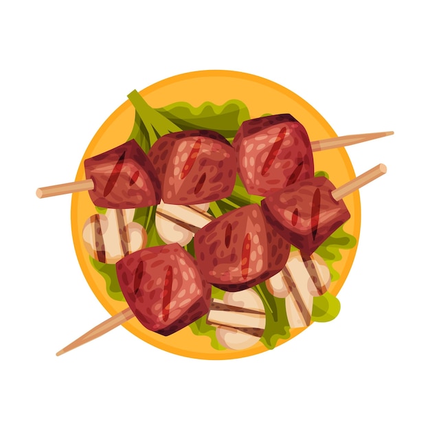 Shashlik o placas de carne a la parrilla en salchichas apoyadas en la ilustración vectorial de la placa