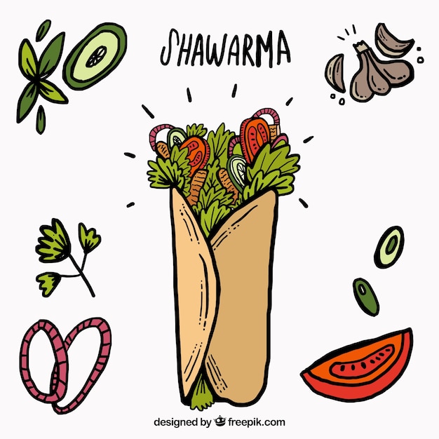 Vector shawarma bocetos con los ingredientes