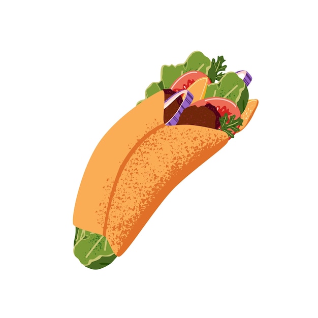 Shawarma con relleno de carne Doner kebab falafel burrito rollo con hojas de ensalada verduras tomate Menú de comida rápida bocadillo de comida rápida turco Ilustración de vector aislado plano en fondo blanco