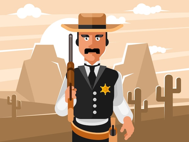 Vector sheriff del oeste salvaje vaquero con rifle winchester y revólver gráficos vectoriales