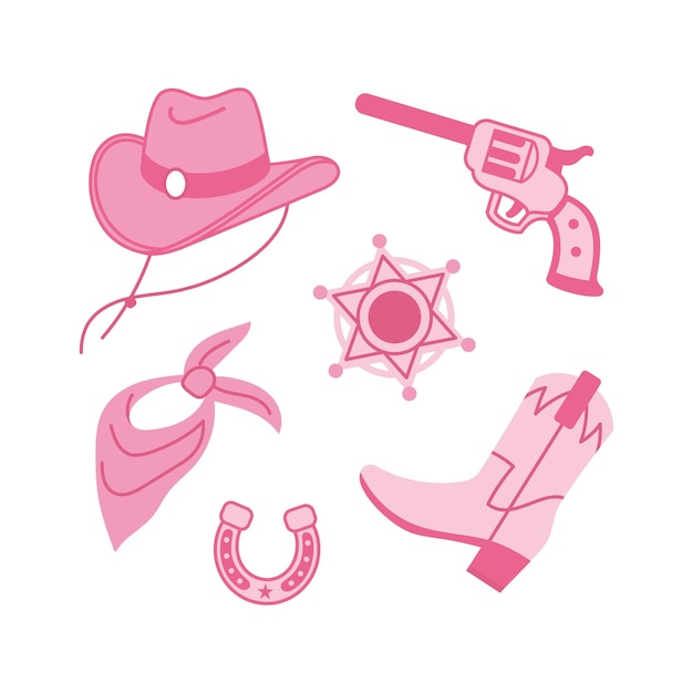 Sheriff Pink core colección de elementos de moda Botas vaqueras sombrero herradura pistola insignia de sheriff y silla de montar Cowboy tema occidental y salvaje oeste conjunto dibujado a mano ilustración vectorial