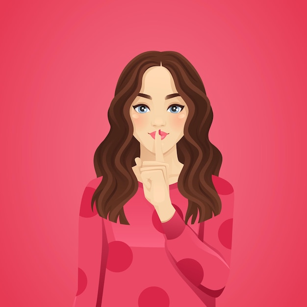 Shhh joven mujer hermosa con el cabello rizado mantiene los dedos en los labios demuestra silencio señal tiene un