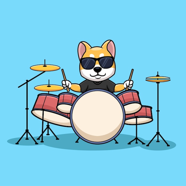 Shiba Inu Baterista Perro Música Personaje Dibujos Animados Ilustración Logotipo Creativo
